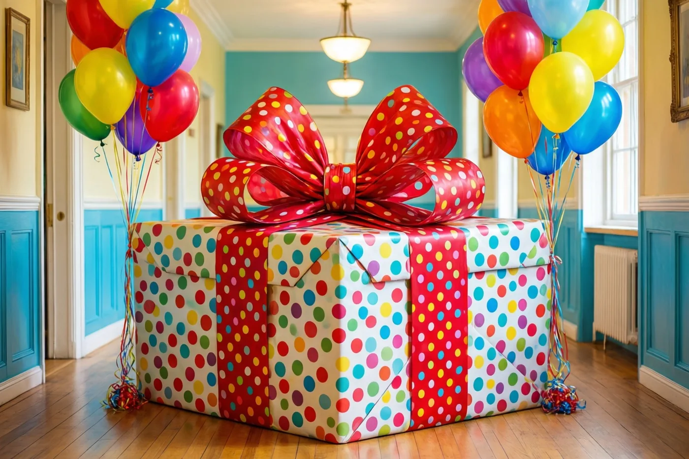 Een reusachtige cadeaudoos in kleurrijk stippenpapier met een grote rode strik staat tussen trossen ballonnen in een lichte gang met een houten vloer en blauwe en gele muren.