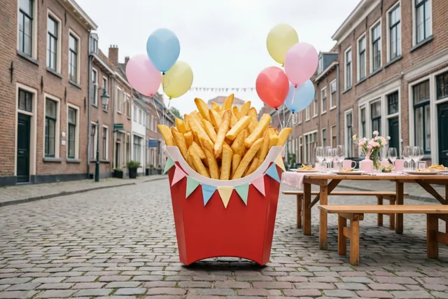 Een reuzenpak verjaardagsfriet