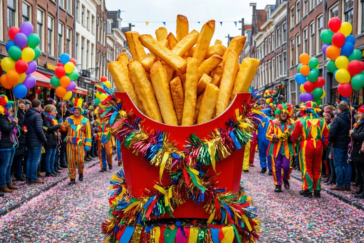 Een reusachtige rode frietbak vol goudgele frieten en kleurrijke slingers staat op een kasseistraat vol confetti, omringd door verklede deelnemers, toeschouwers en ballonnen onder een bewolkte hemel.