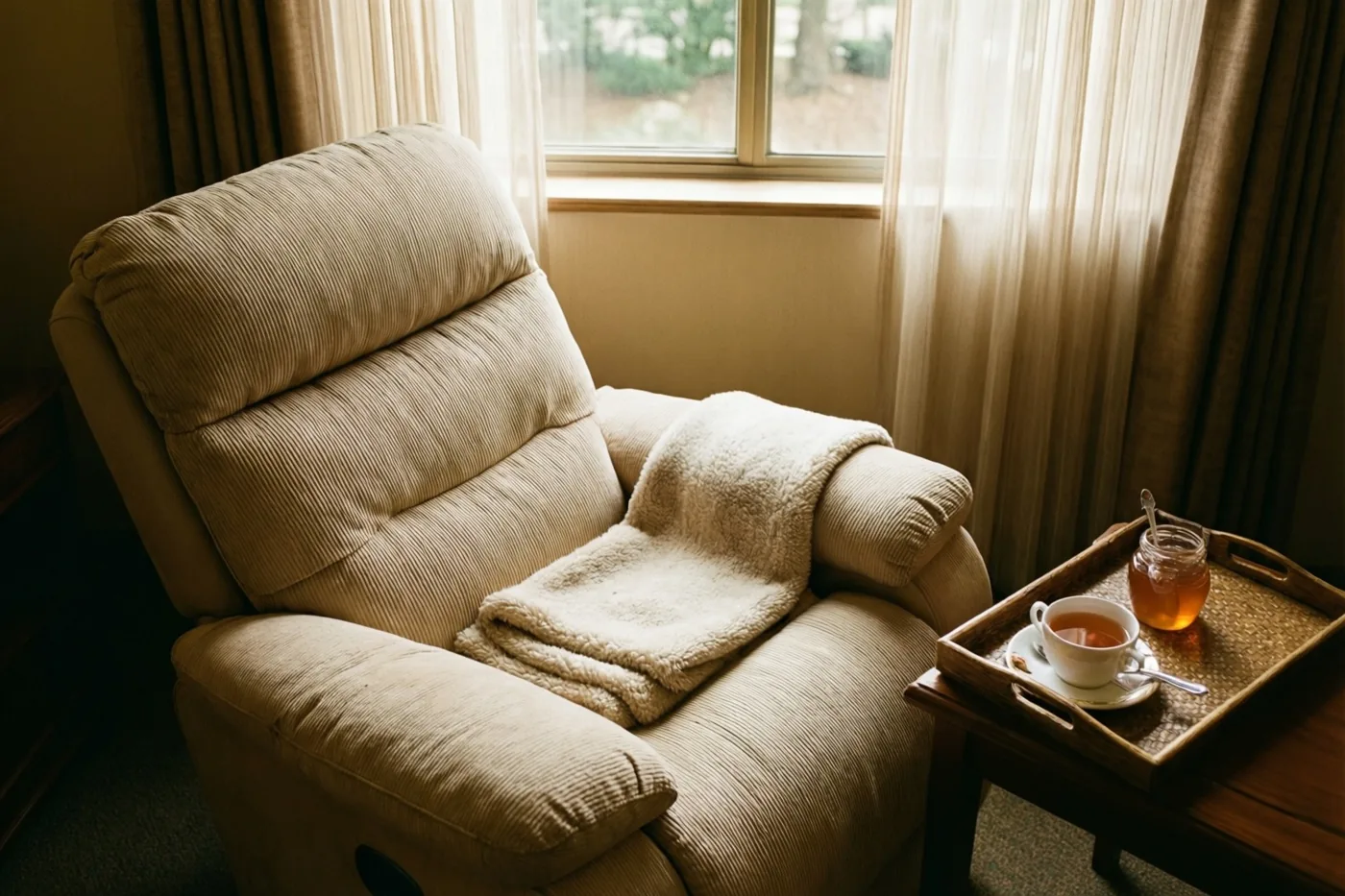Een beige ribfluwelen relaxzetel met een zachte witte deken staat bij een raam met doorschijnende gordijnen, naast een houten dienblad met een kop thee en een pot honing.