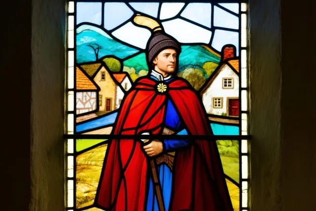Een glasraam toont een ridder met een rode mantel in een dorp met huizen en heuvels, in rode, blauwe en groene tinten.