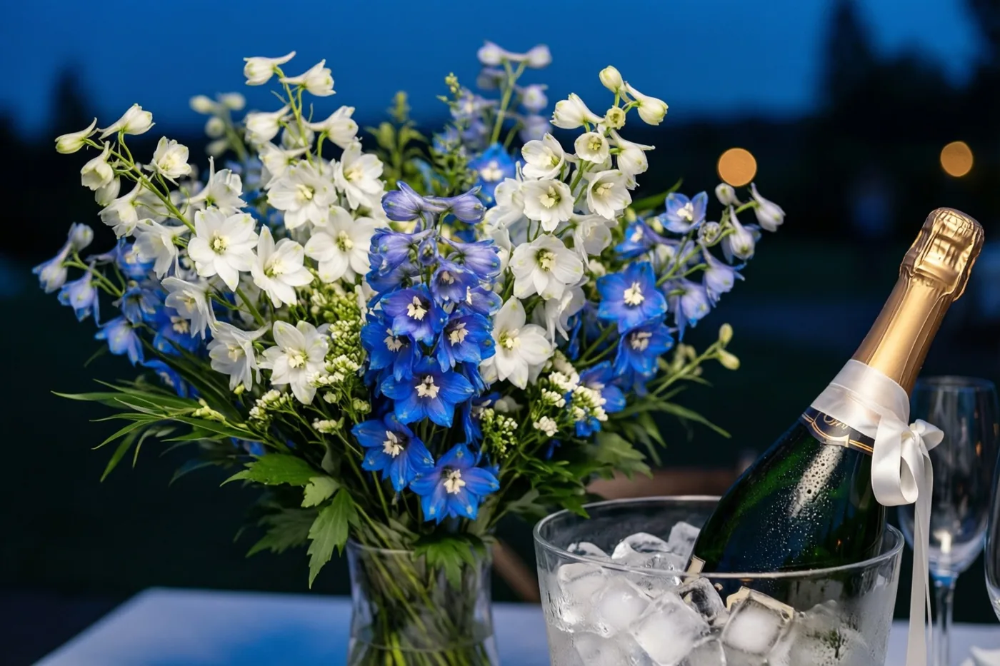 Een glazen vaas met witte en blauwe ridderspoor staat naast een champagnefles in een ijsemmer, tegen een donkerblauwe schemerachtergrond met onscherpe lichtjes.