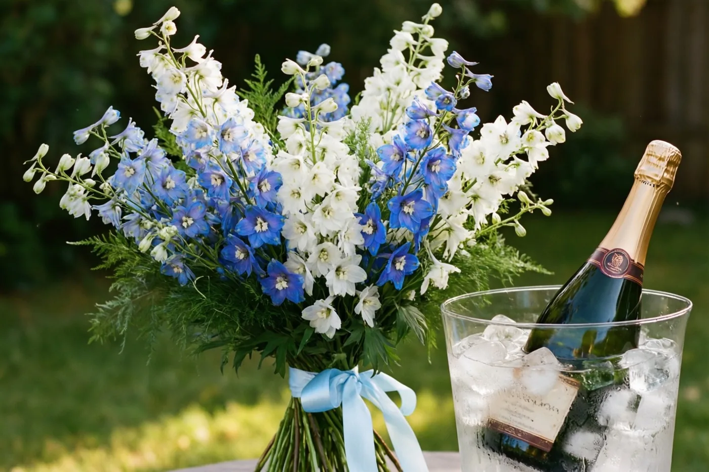 Een boeket witte en blauwe ridderspoor met een lichtblauw lint staat buiten op een tafel naast een champagnefles in een glazen emmer met ijs, tegen een onscherpe groene achtergrond.