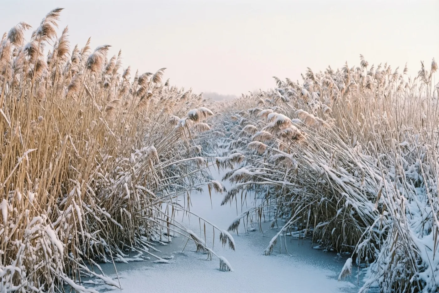 Riet en lisdodden met sneeuw buigen over een bevroren sloot in zacht, diffuus licht en witte, beige en lichtblauwe tinten.