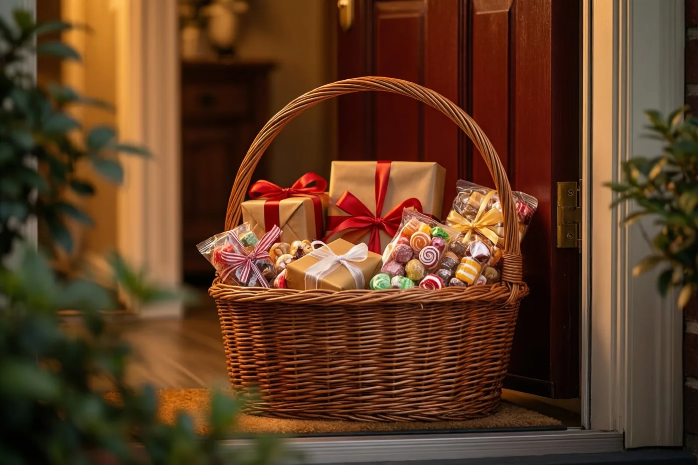 Een rieten mand met ingepakte cadeaus en allerlei zoetigheden staat op een drempel voor een houten deur in warm licht.
