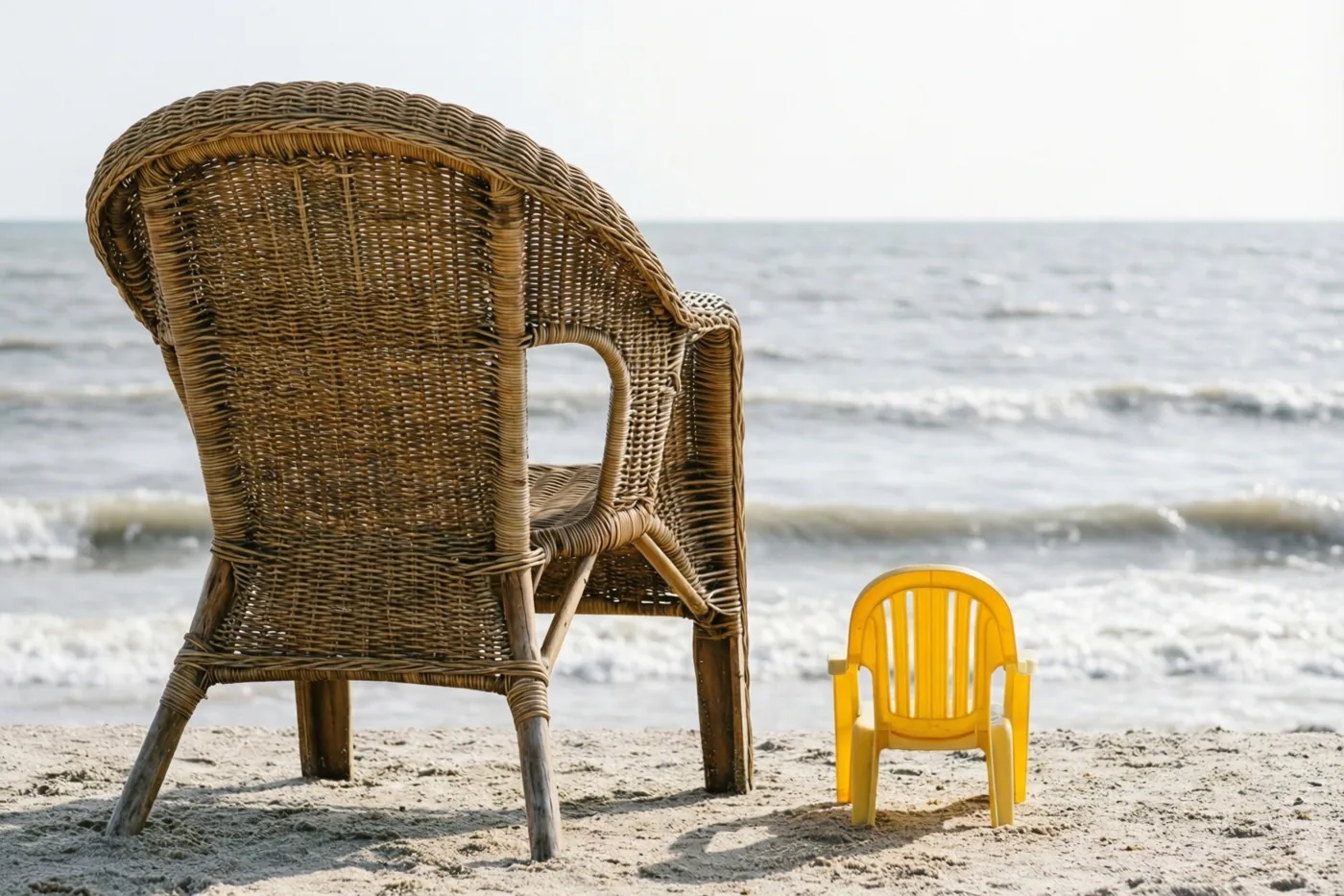 Een grote rieten strandstoel en een kleine gele plastic strandstoel staan naast elkaar op het zand, gericht naar de golven van een grijze zee.