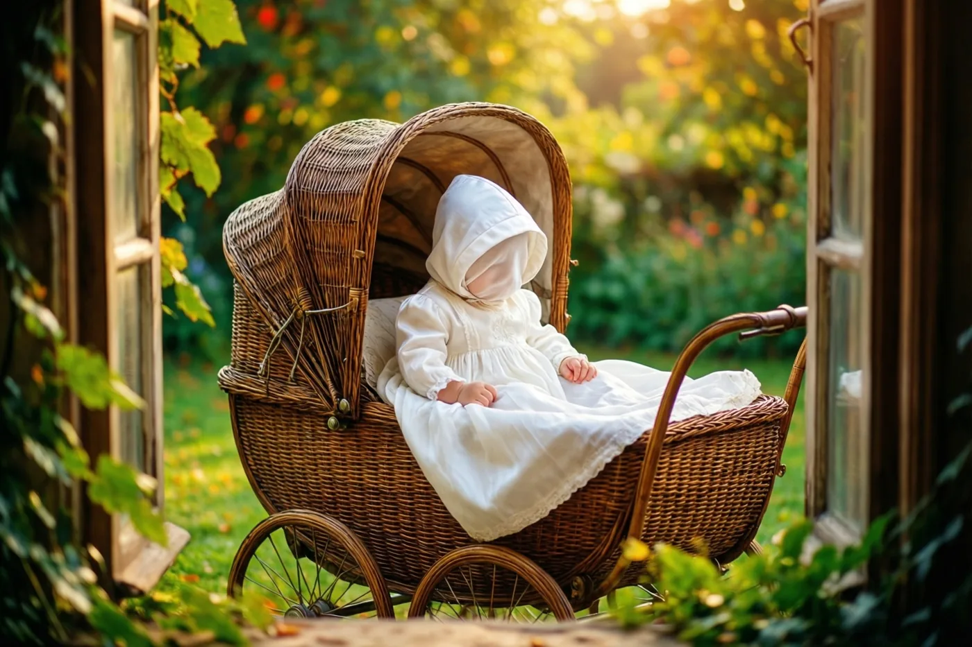 Door een open raam met groen eromheen is een baby in een lang wit kleed met kap te zien in een oude rieten kinderwagen in een zonnige tuin.