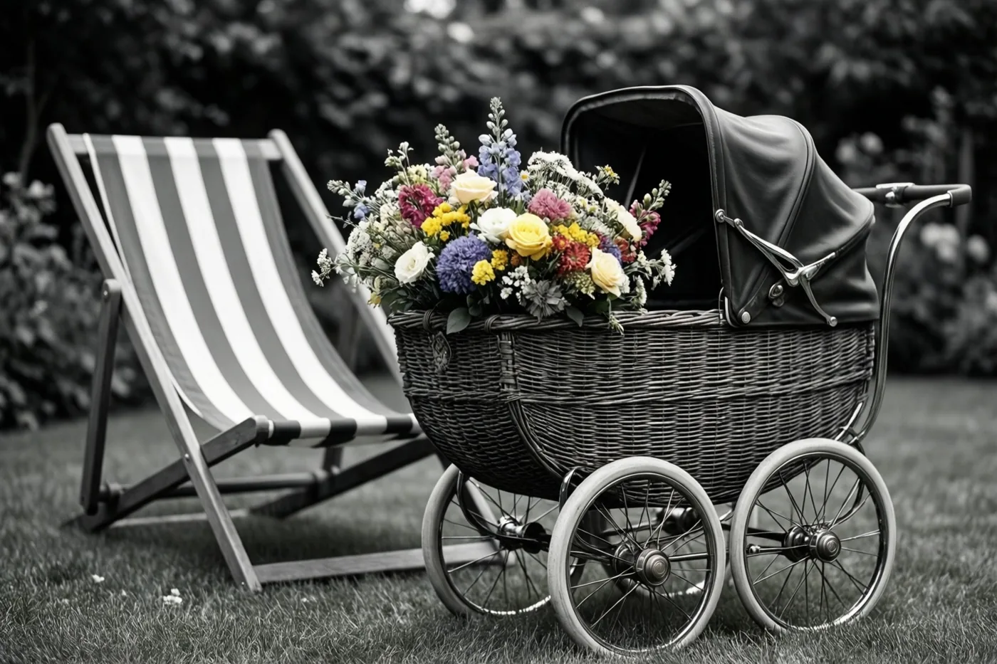 Een oude rieten kinderwagen vol kleurrijke bloemen staat op het gras naast een gestreepte ligstoel, waarbij de tuin en de rest van het beeld vrijwel helemaal in zwart-wit zijn.