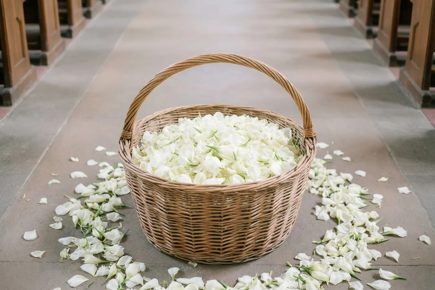 Een rieten mand vol witte bloemblaadjes staat in een stenen kerkgang, met losse blaadjes eromheen en houten banken op de achtergrond.