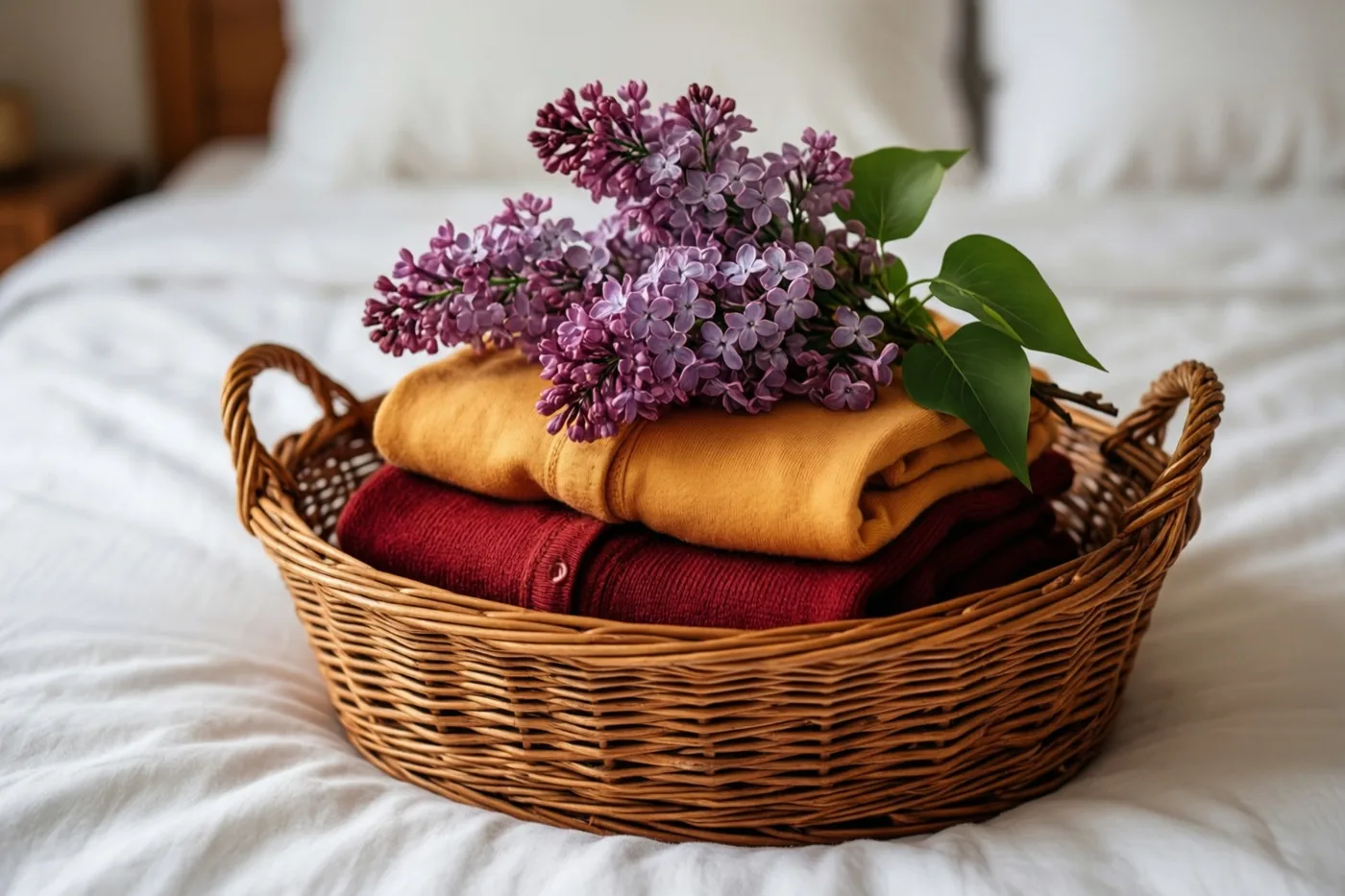 Op een wit bed staat een rieten mand vol opgevouwen babykleertjes met verse paarse seringentakken bovenop.