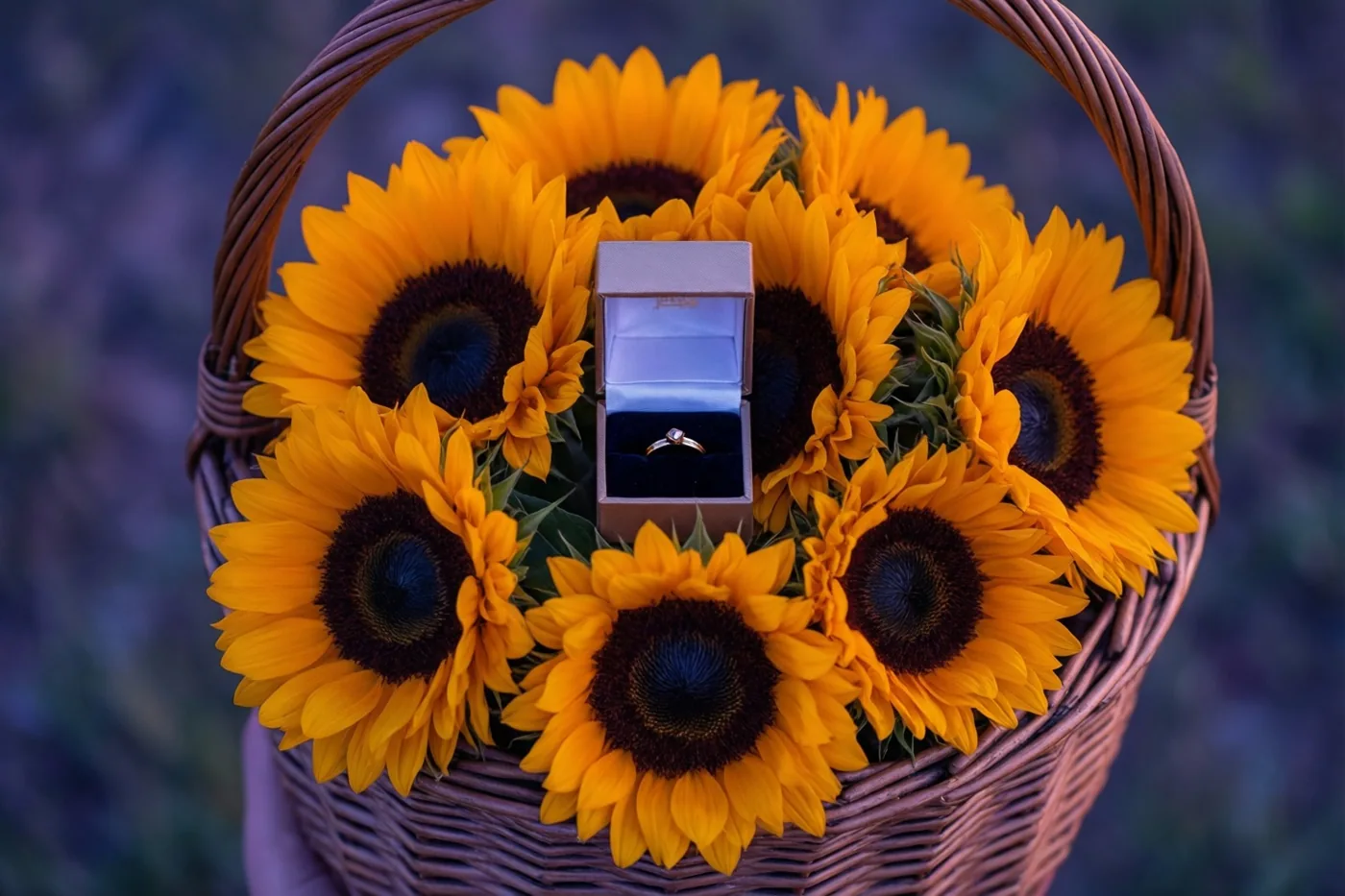 Een rieten mand vol zonnebloemen bevat een open ringdoosje tussen de bloemen, tegen een zacht onscherpe achtergrond.