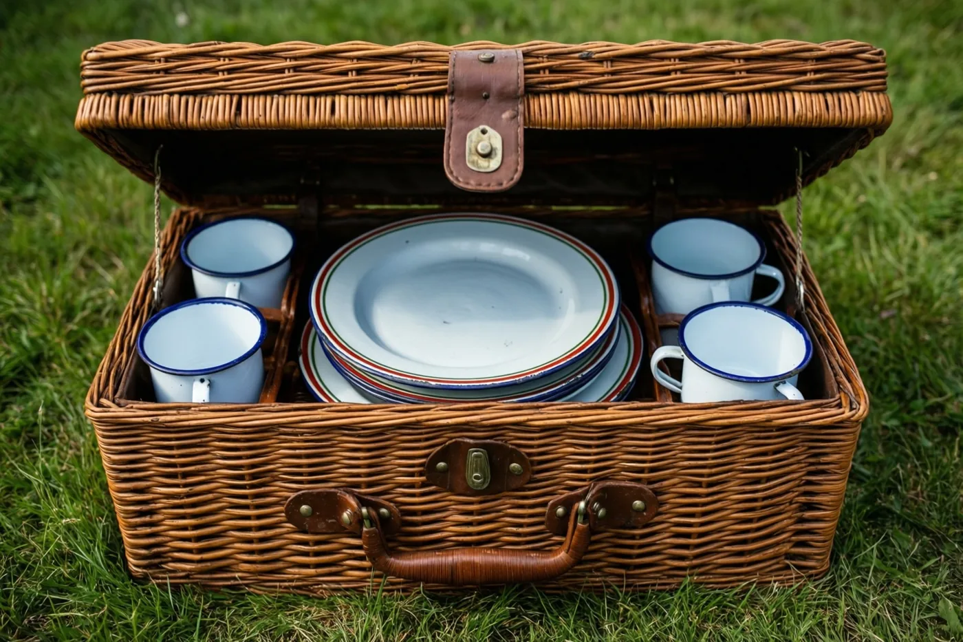 Een open oude rieten picknickkoffer staat op groen gras met gestapelde emaille borden en kopjes erin.