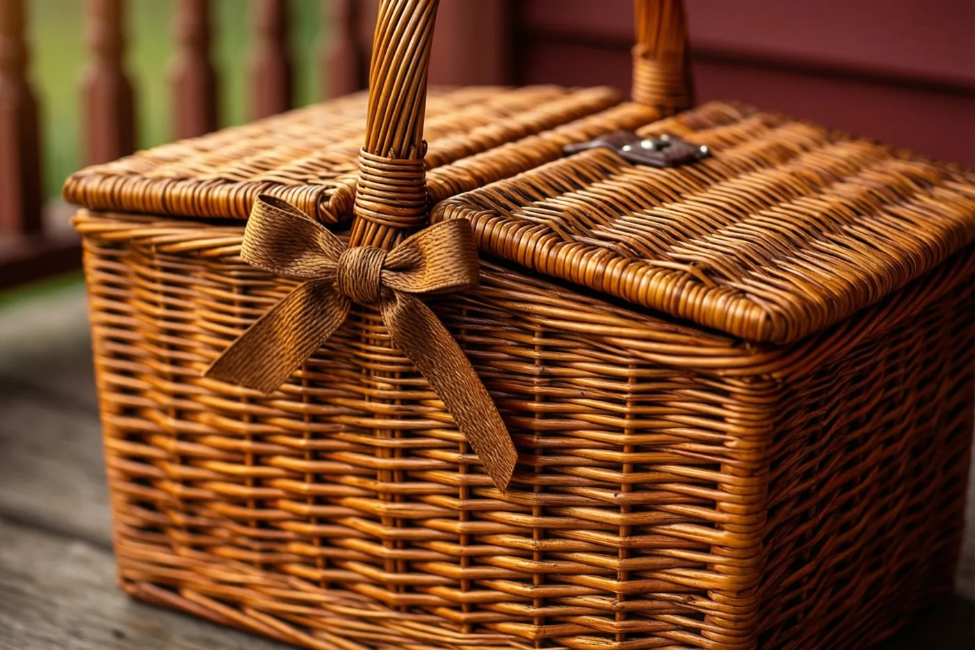 Een rieten picknickmand met een strik staat op een houten veranda in warme bruintinten.