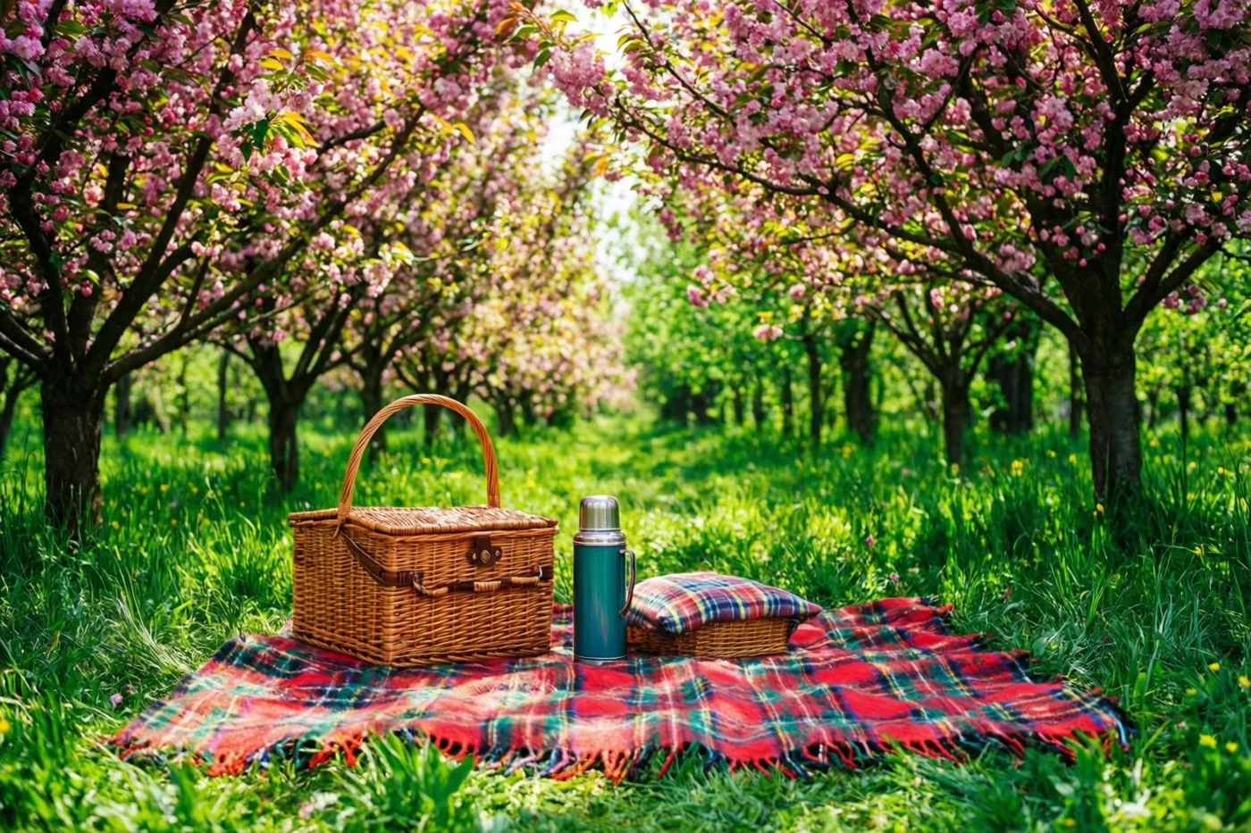 Een rieten mand, een thermos en een geruite deken staan op frisgroen gras onder rijen roze bloeiende bomen.