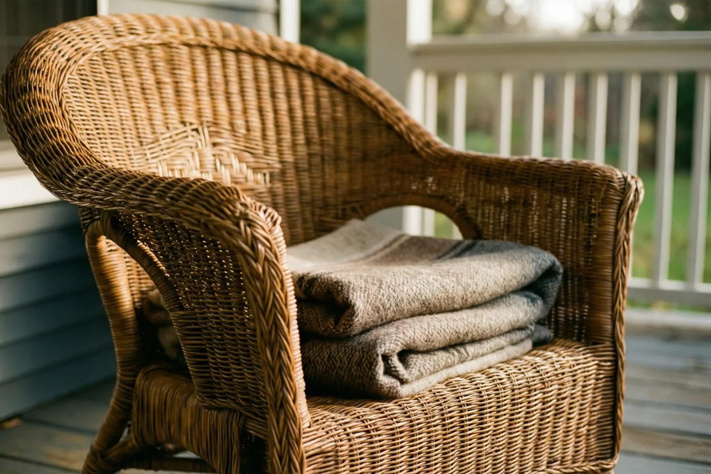 Een rieten stoel met een opgevouwen wollen deken staat op een houten veranda, met een onscherpe balustrade en groen op de achtergrond.