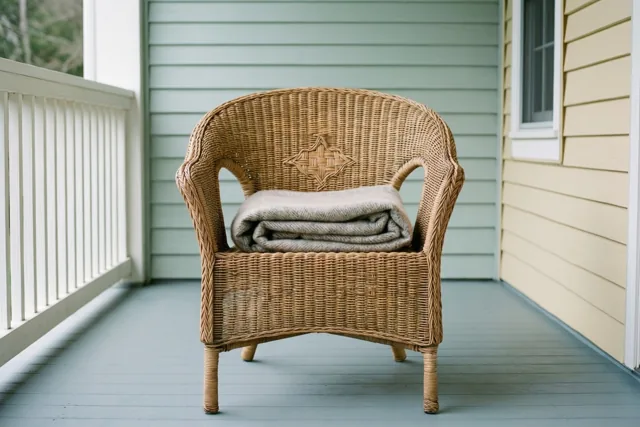 Een rieten stoel met een opgevouwen wollen deken staat op een veranda met een lichtblauwe vloer en wandbekleding.