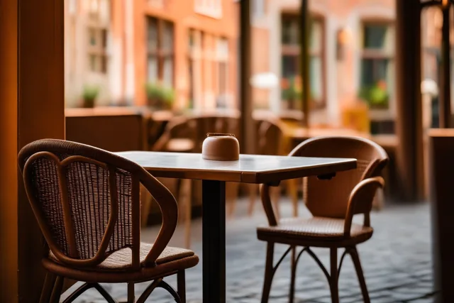 Twee lege rieten stoelen staan aan een houten tafel in een café, met een onscherp oud Vlaams stadje op de achtergrond en warme bruine en oranje tinten.