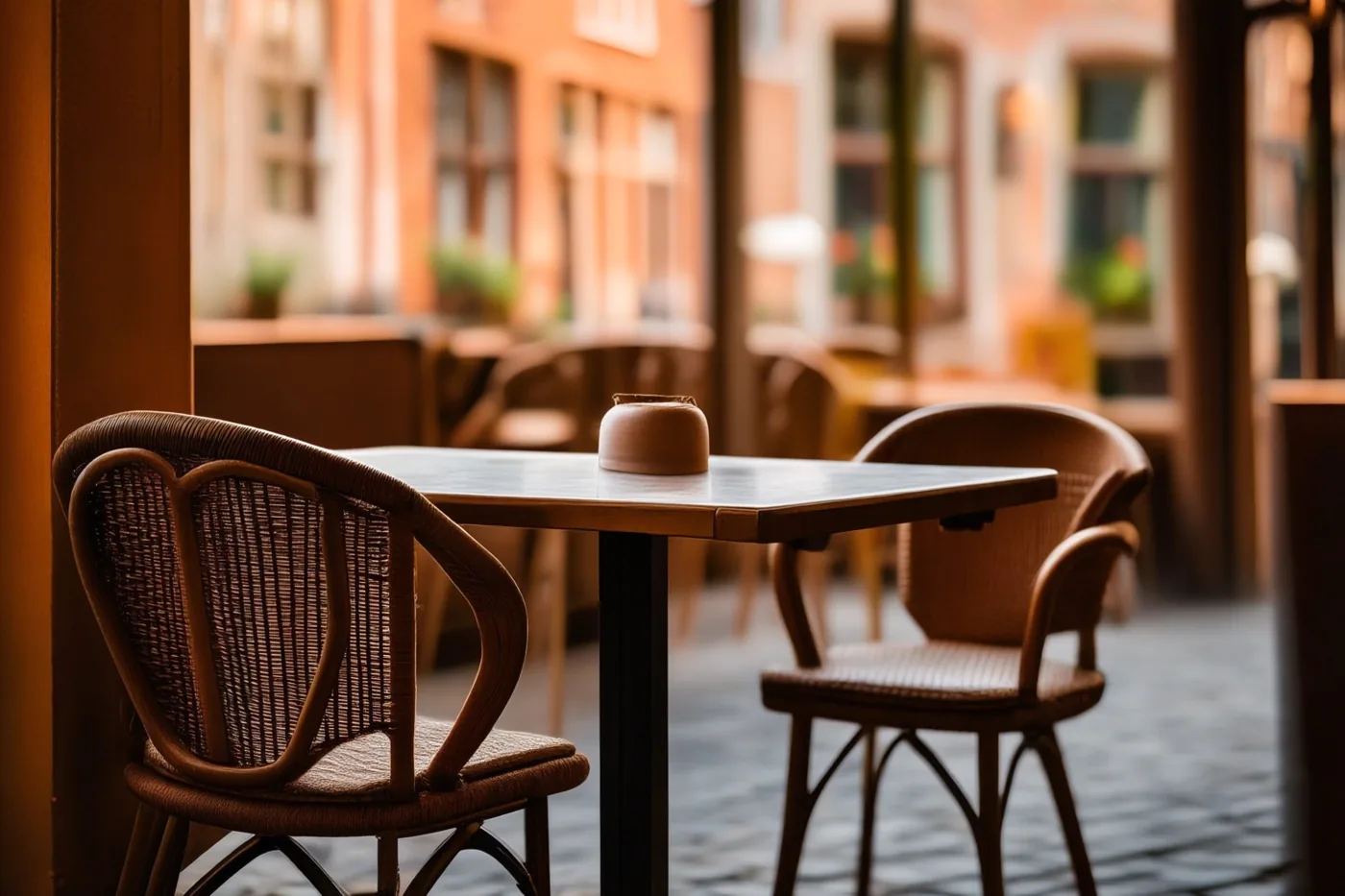 Twee lege rieten stoelen staan aan een houten tafel in een café, met een onscherp oud Vlaams stadje op de achtergrond en warme bruine en oranje tinten.