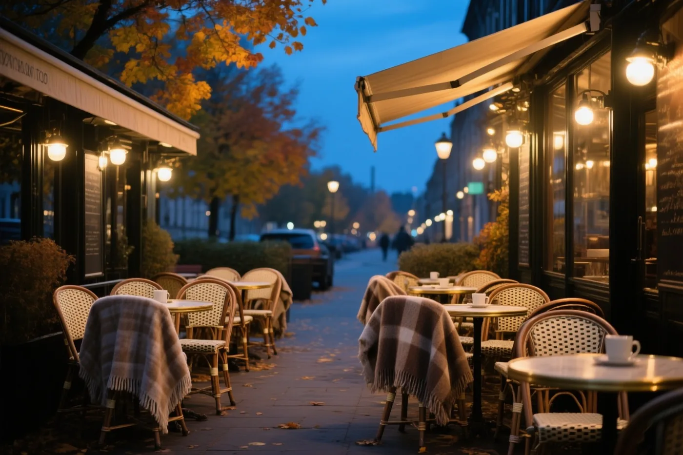 Op een caféterras staan rieten stoelen met geruite dekens en tafeltjes met koffiekopjes onder warme verlichting en een blauwe schemerlucht, tussen herfstbladeren.