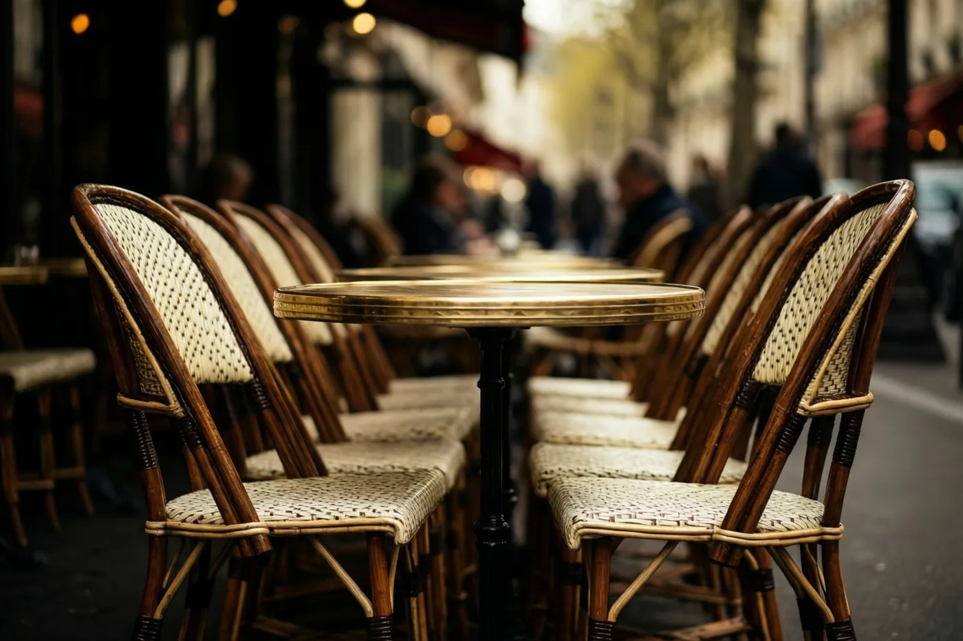Lege rieten stoelen staan rond een kleine ronde cafétafel op een straatterras, in zacht warm licht met een onscherpe achtergrond.