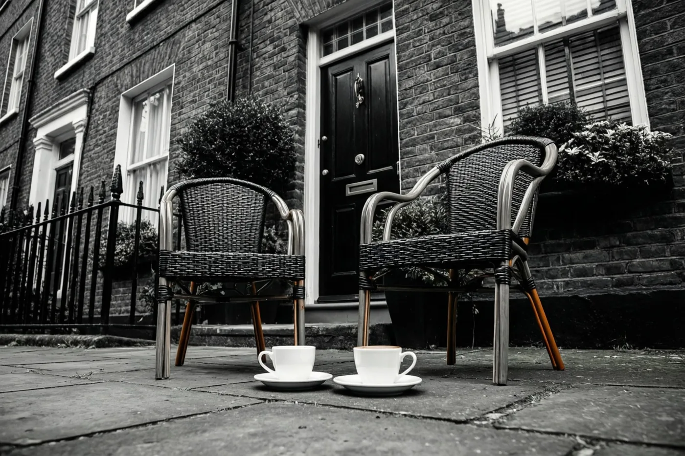 Twee rieten stoelen en twee witte koffiekoppen staan op het voetpad voor een bakstenen rijwoning in een overwegend zwart-witbeeld waarin de koppen en stoelpoten opvallen.