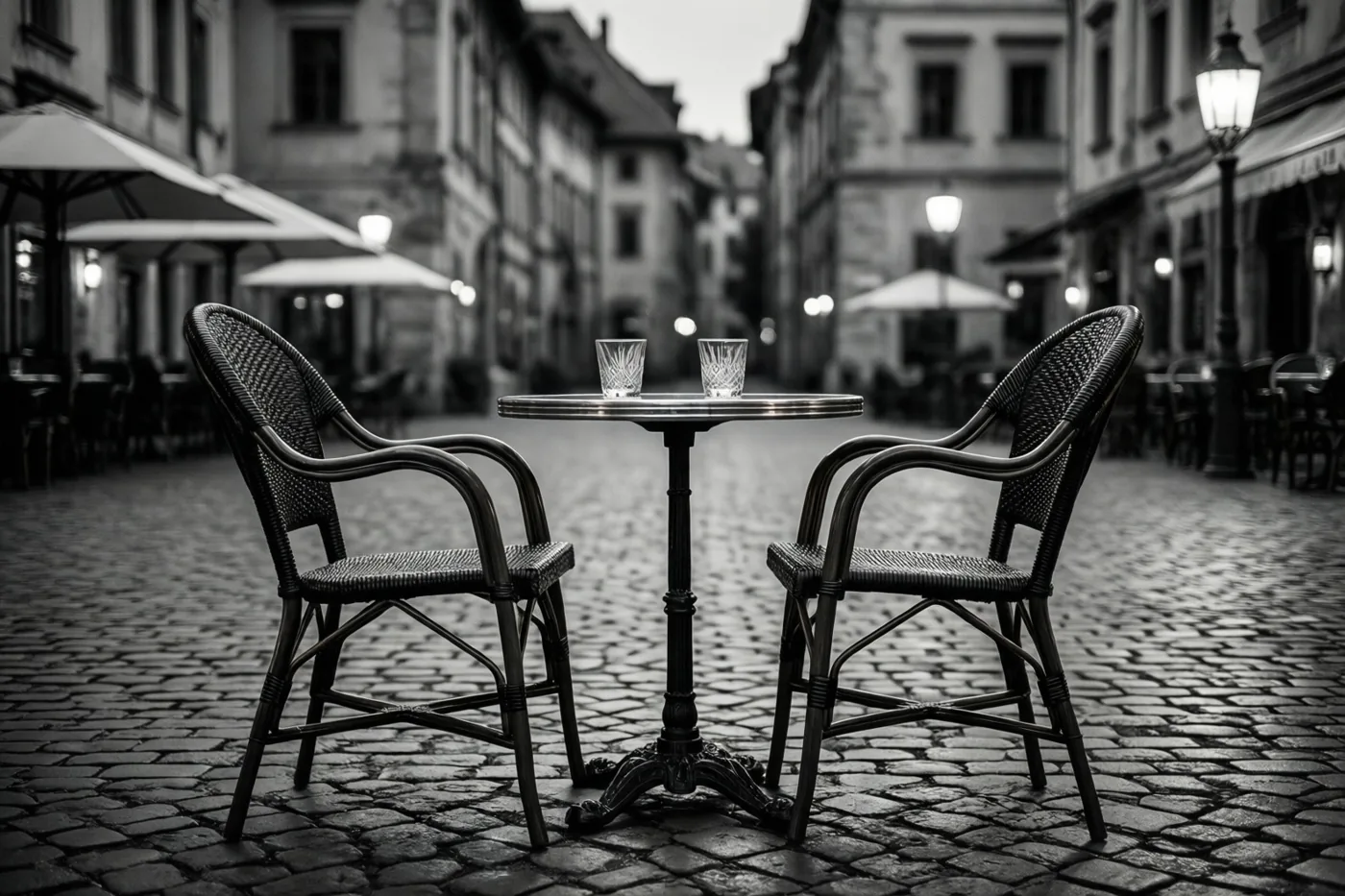 Twee lege rieten stoelen staan bij een klein tafeltje met twee glazen op een kasseiplein bij schemering, in zwart-wit.