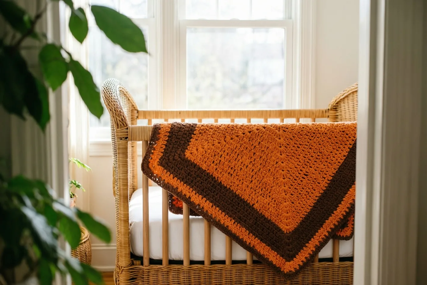 Een rieten wieg met een witte matras en een handgehaakt deken met oranje en bruine strepen staat bij een raam in daglicht, omringd door groene kamerplanten.