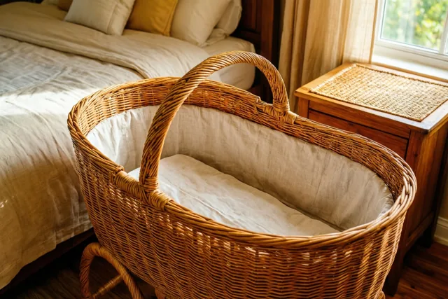 Een leeg rieten wiegmandje met linnen bekleding staat naast een bed in een warm verlichte slaapkamer met beige, crèmekleurige en bruine tinten.