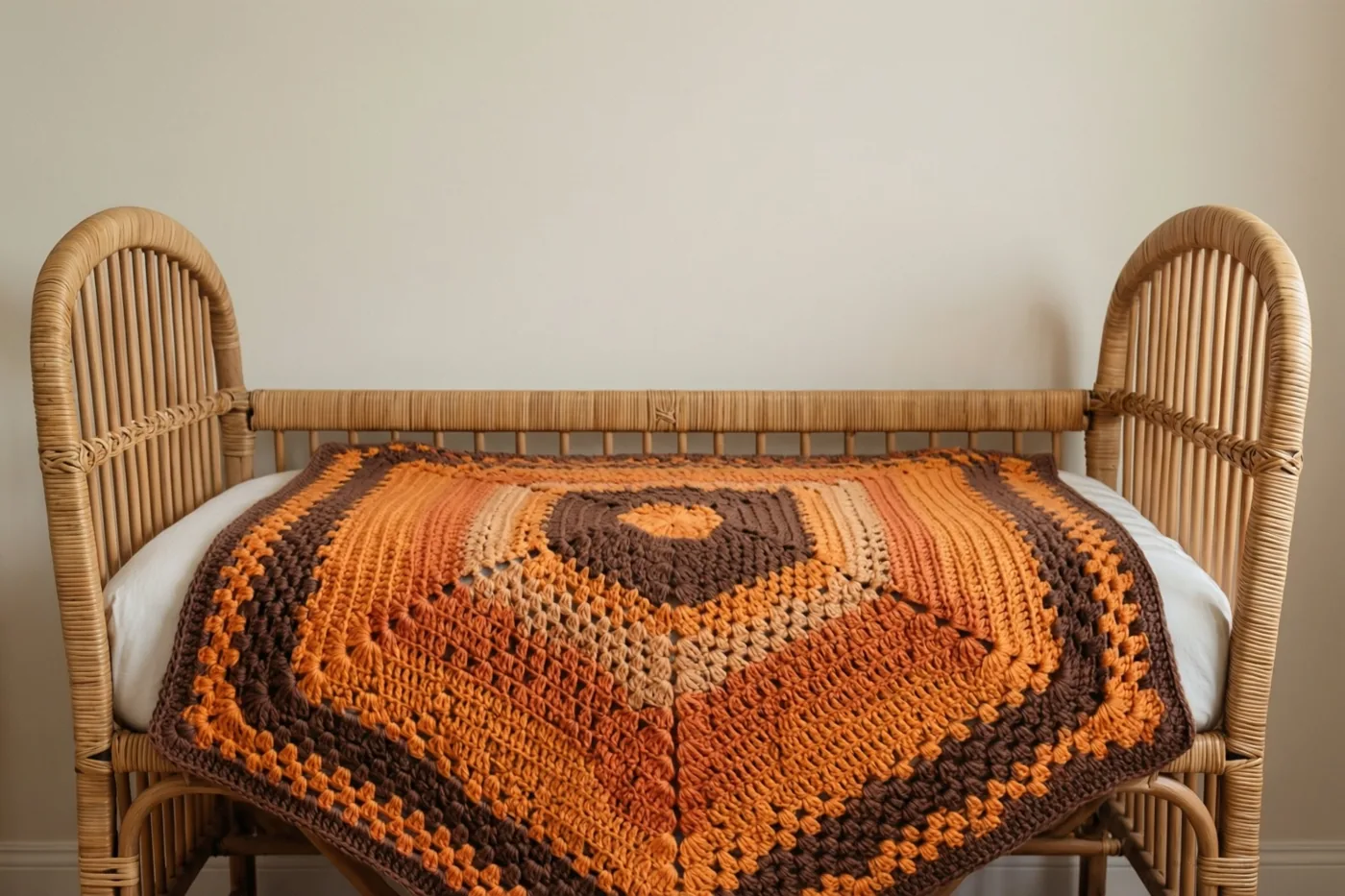 Een handgehaakt babydeken in oranje en bruine tinten hangt over een rieten wieg met wit beddengoed, tegen een effen lichte muur.