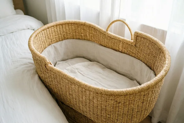 Een leeg rieten wiegmandje met beige linnen staat naast een bed met wit beddengoed, in zacht daglicht dat door doorschijnende gordijnen valt.