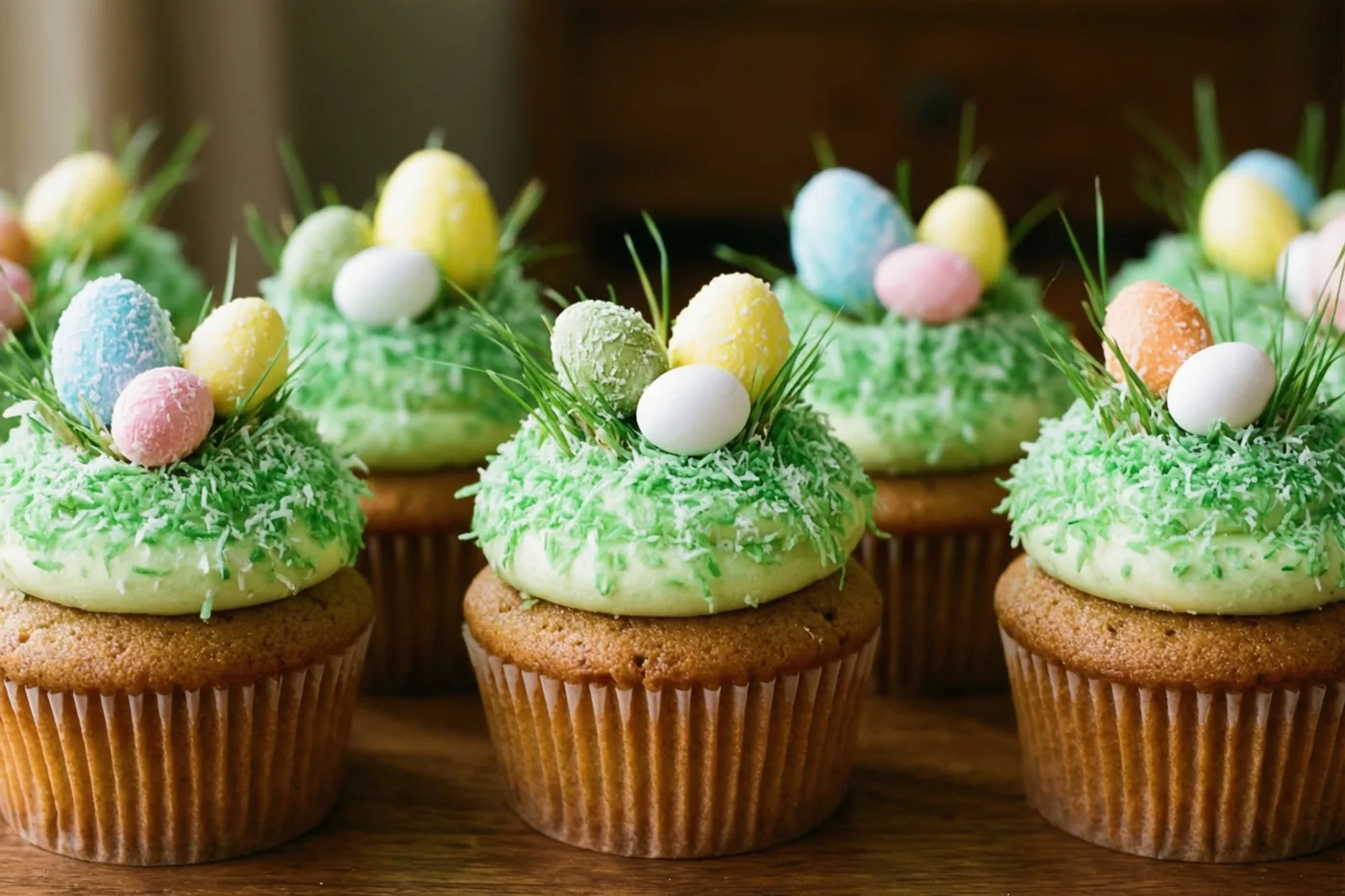 Een rij cupcakes met groen kokosglazuur en kleurrijke suikereitjes staat op een houten oppervlak in helder licht.