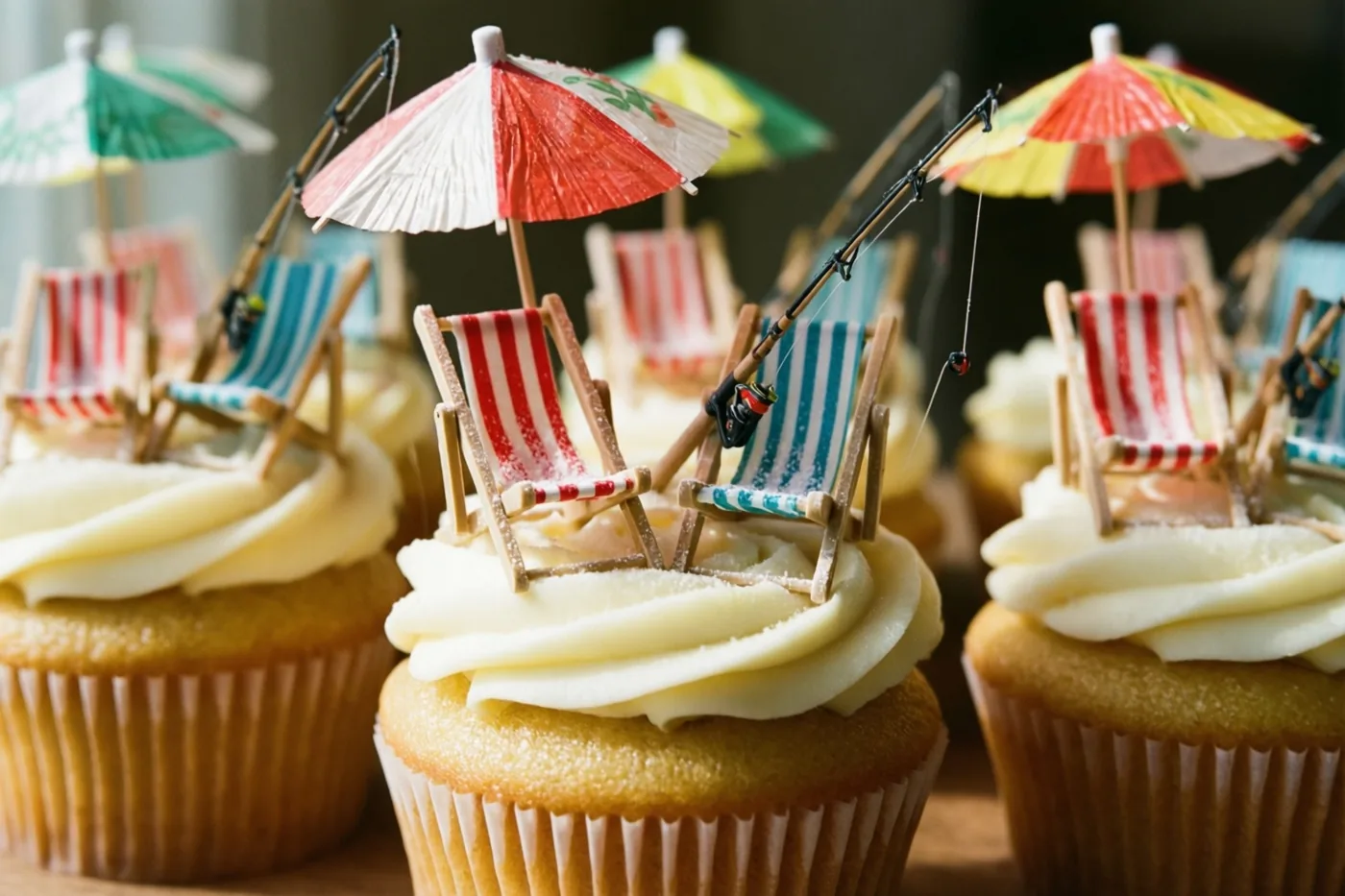 Een rij cupcakes met romig glazuur is versierd met miniatuurstrandstoelen van suiker, kleurrijke papieren parasolletjes en hengeltjes in warme tinten.