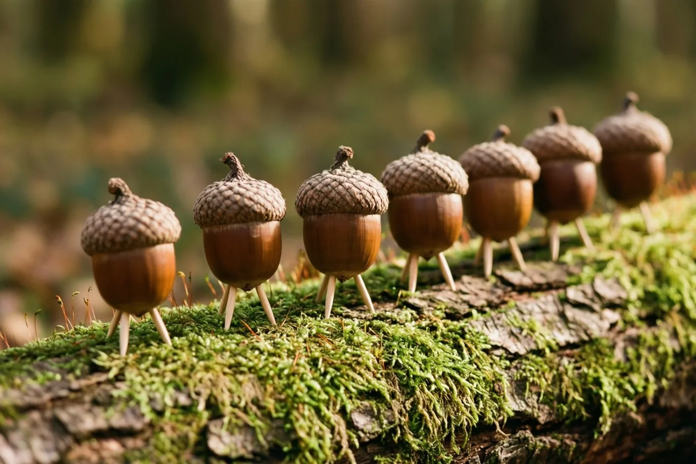 Een rij eikels met luciferpootjes en hoedjes van eikeldoppen staat op een met mos begroeide boomstam in een bos met bruine en groene tinten.