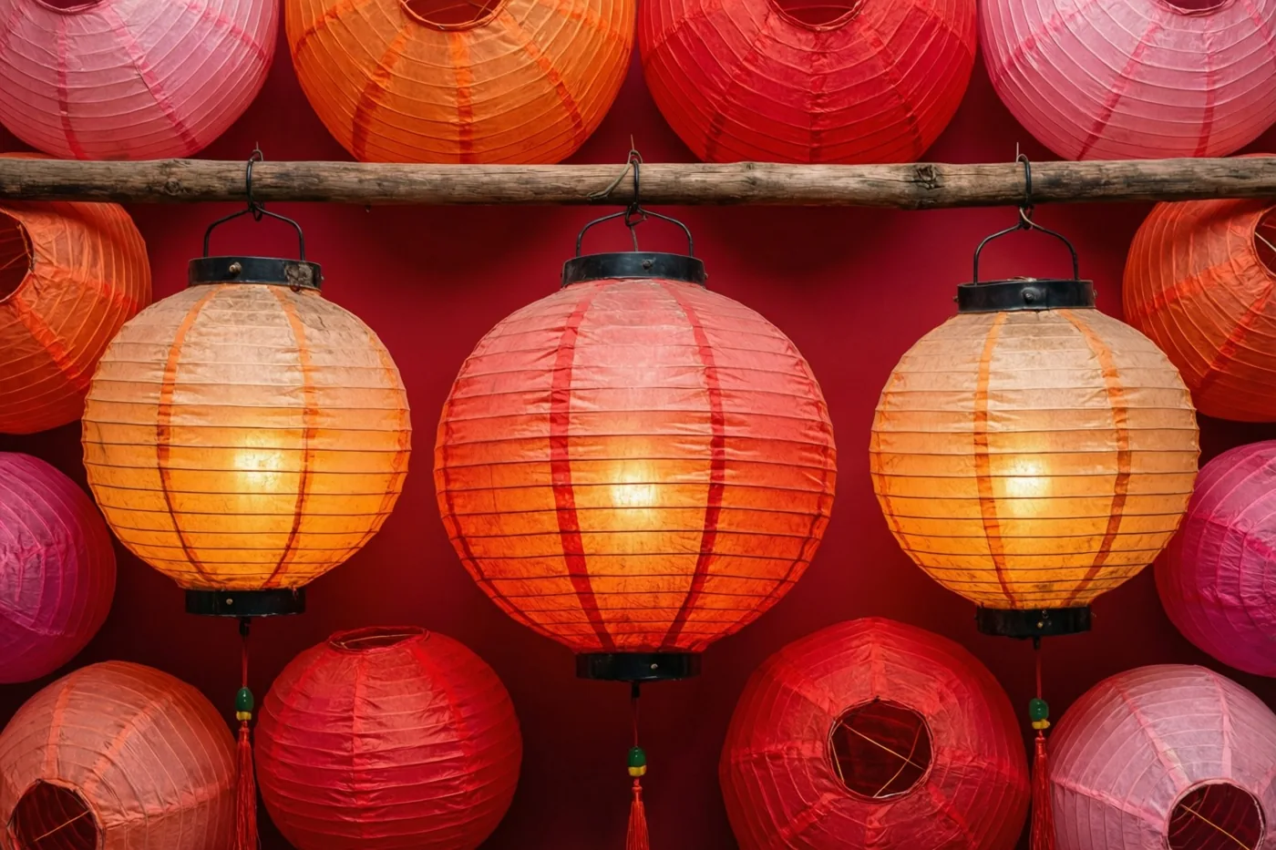 Een rij verlichte papieren lampionnen in verbleekte rode, oranje en roze tinten hangt aan een houten stok tegen een dieprode achtergrond.