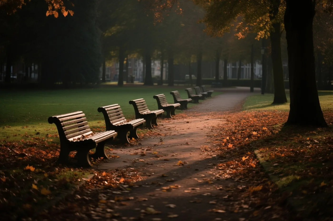 Een rij lege houten banken staat langs een parkpad vol bladeren onder herfstbomen in warm gouden licht.