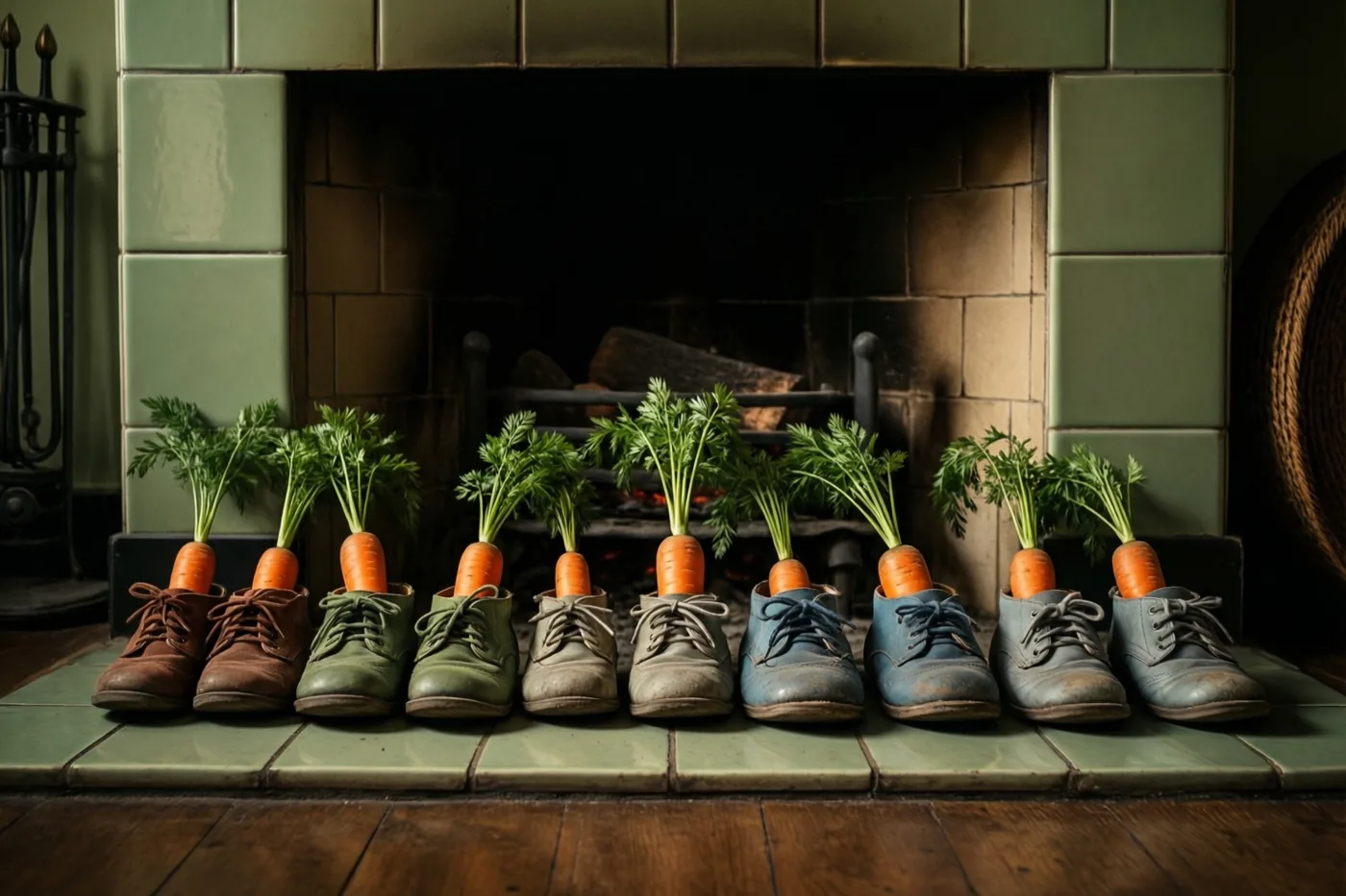 Een rij kinderschoenen met wortels met loof staat op de betegelde haardplaat voor een haard in jarenvijftigstijl, in warm licht.