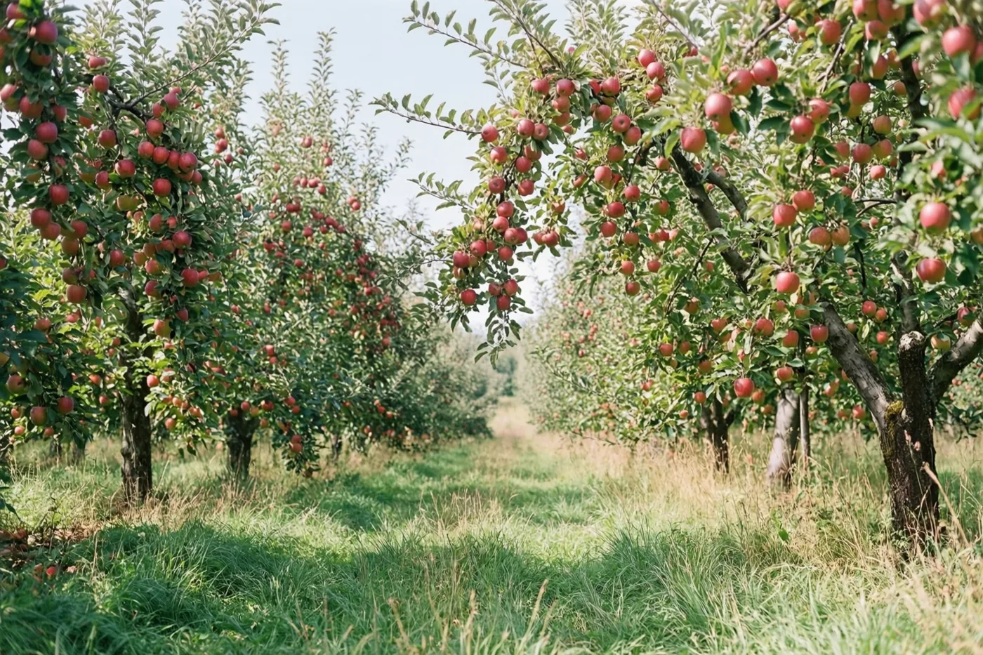 Rijen appelbomen vol rode vruchten lopen door tot in de verte, met hoog groen gras ertussen onder een heldere hemel in warm zonlicht.
