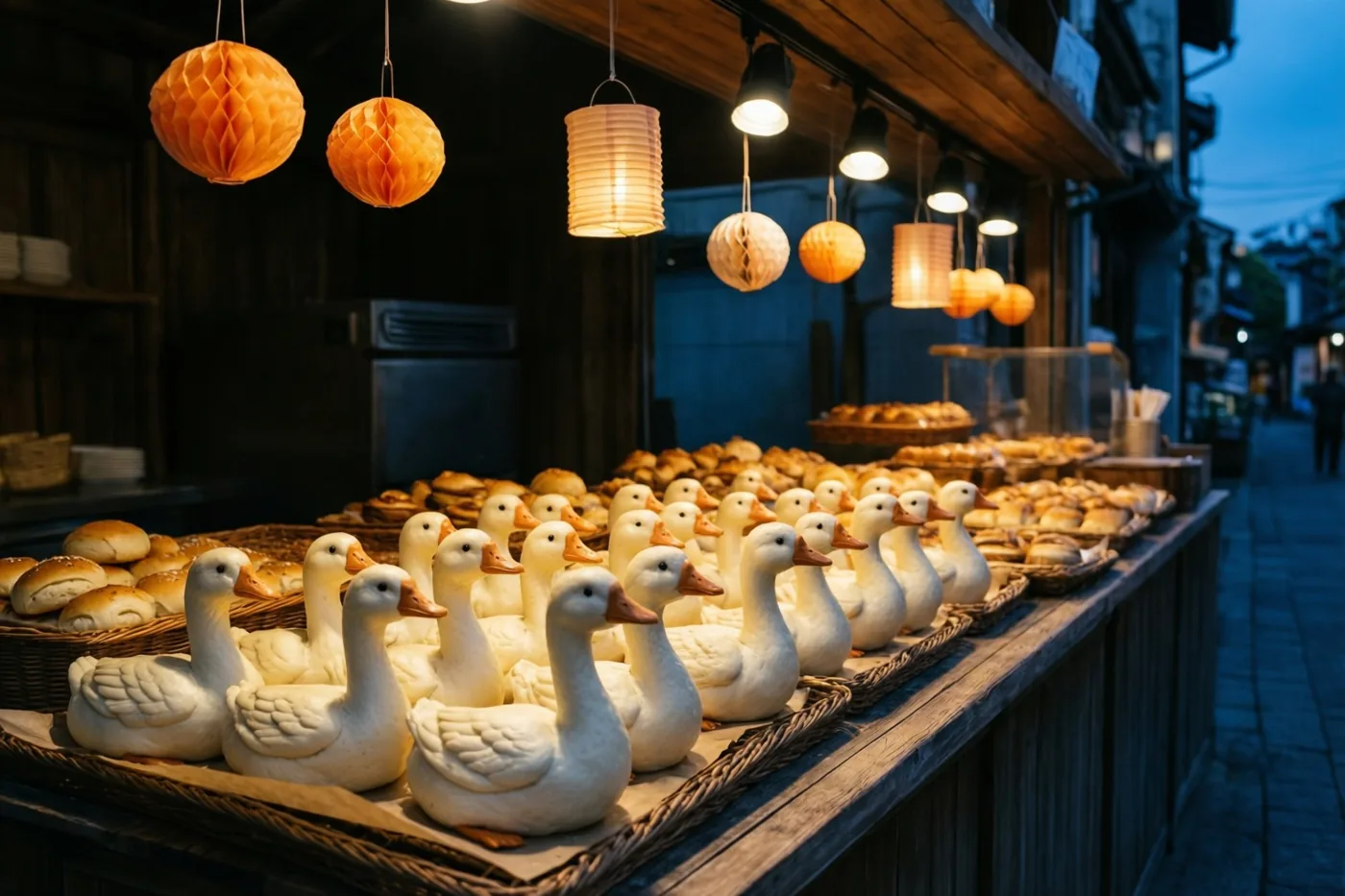 Rijen broodjes in de vorm van ganzen liggen op een bakkerstoonbank onder papieren lantaarns met warm geel en oranje licht, tegen een donkere straat in de blauwe schemering.