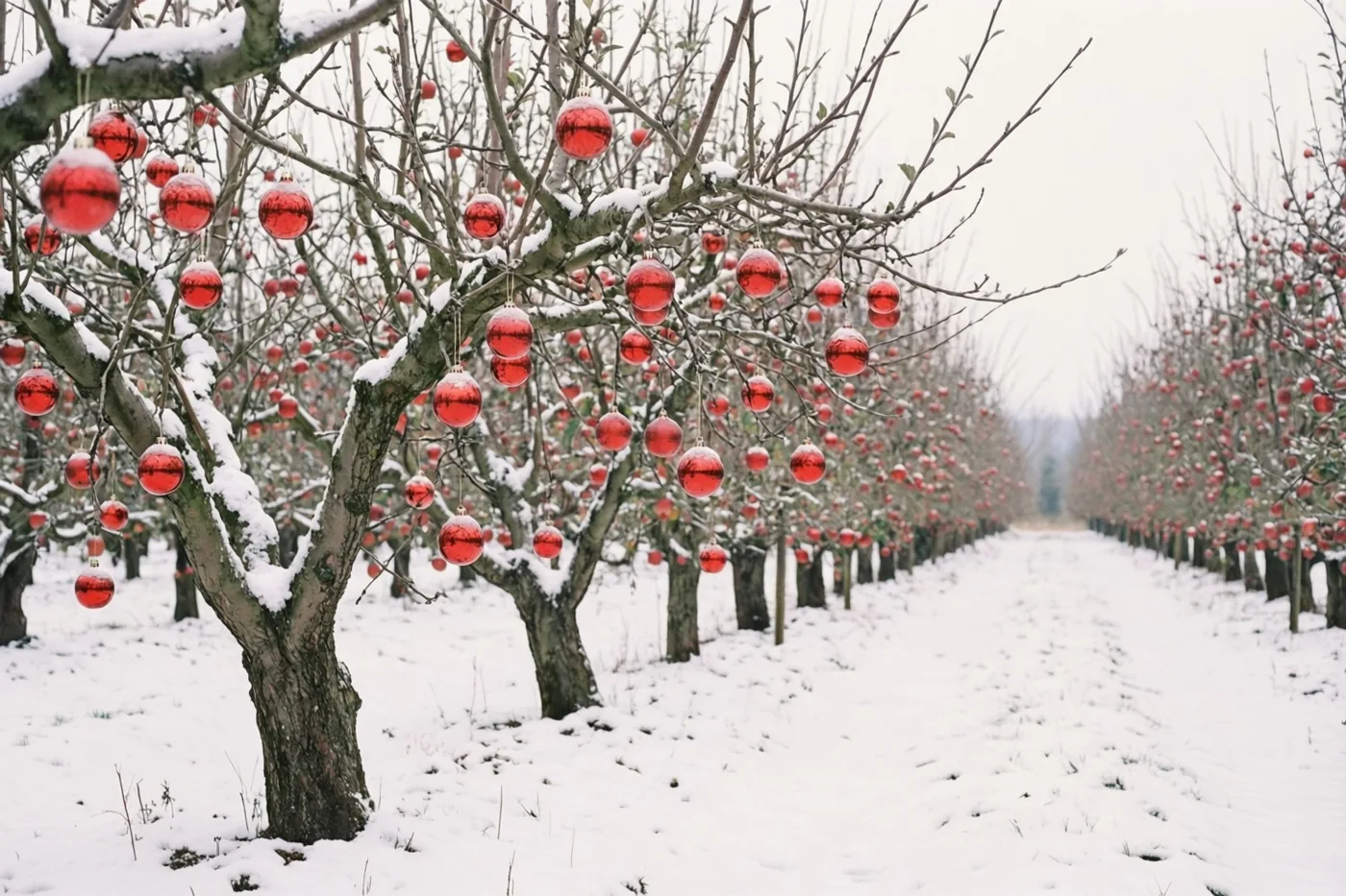 Rijen kale appelbomen met rode glazen kerstballen staan in een boomgaard waar sneeuw de grond en de takken bedekt.