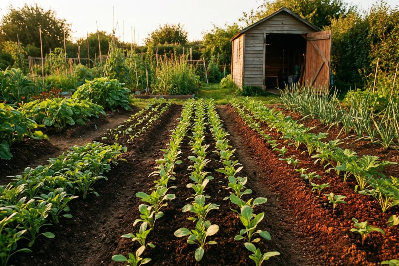 Jonge groene zaailingen groeien in nette rijen in een bewerkt tuinbed, met een klein houten schuurtje op de achtergrond in warm goudkleurig licht.