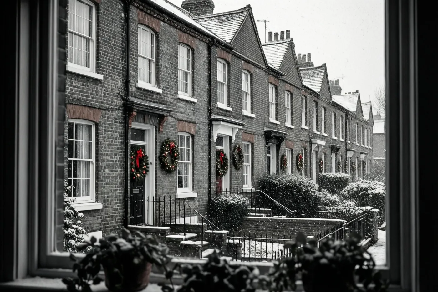 Door een raam met planten op de voorgrond is een rij bakstenen huizen met trapgevels en kerstkransen aan de deuren te zien terwijl lichte sneeuw valt.