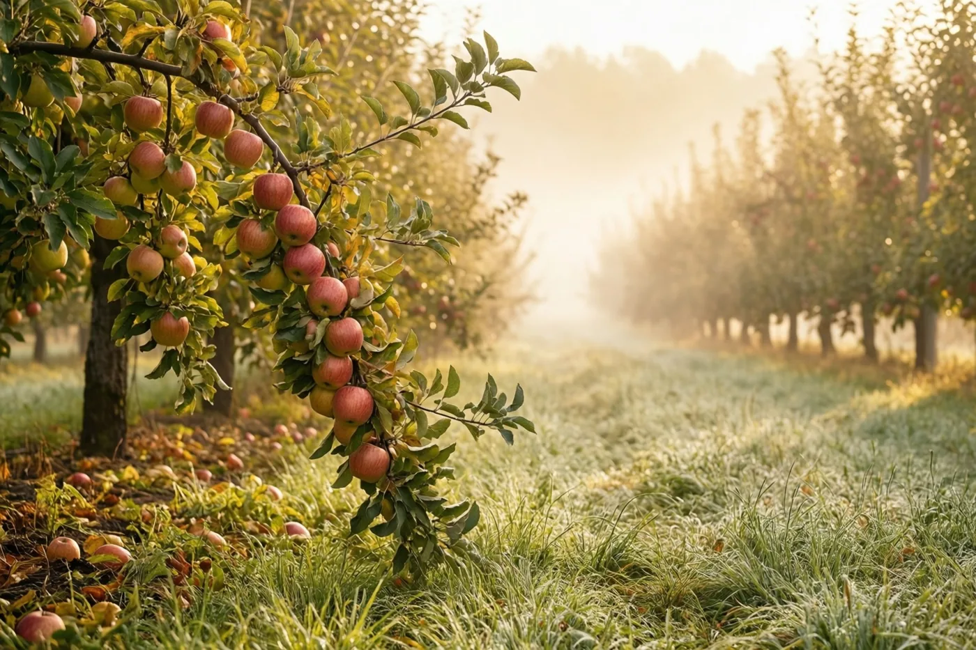 In een herfstige appelboomgaard hangen rijpe appels aan de takken en liggen er op het gras, omgeven door ochtendmist en warm gouden licht.