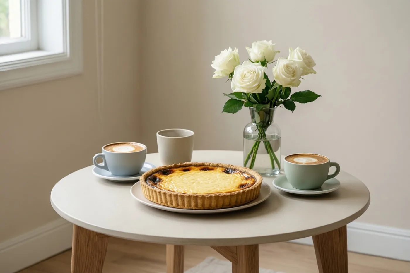 Op een ronde salontafel staan een rijsttaart, twee kopjes koffie met figuurtjes in het melkschuim en een vaasje witte rozen, met een raam op de achtergrond.