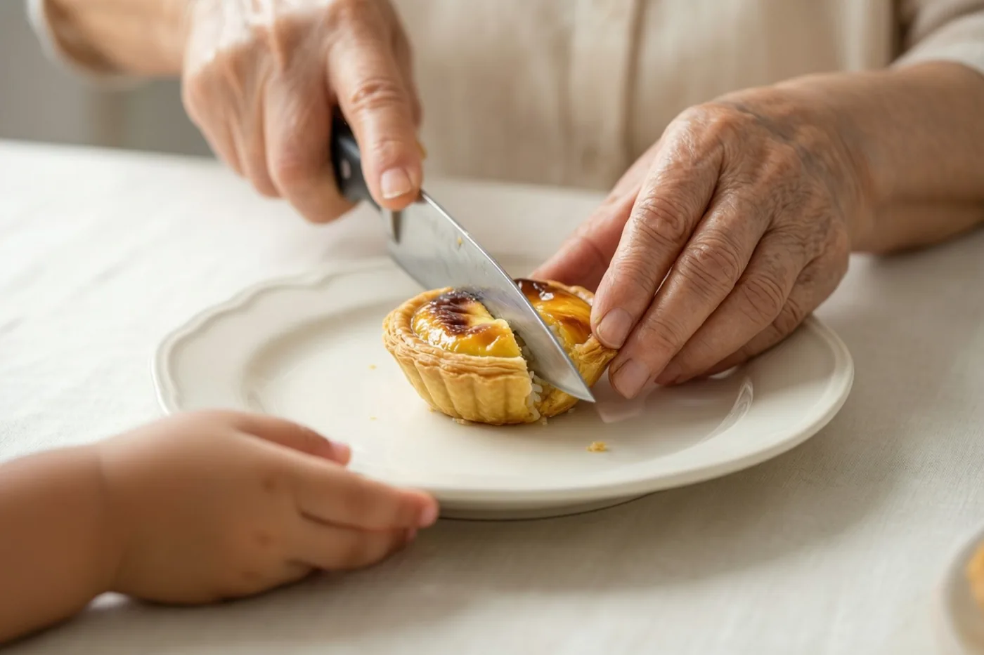 Oudere handen snijden een rijsttaart op een wit bord, met een kinderhand ernaast op een licht tafelkleed.