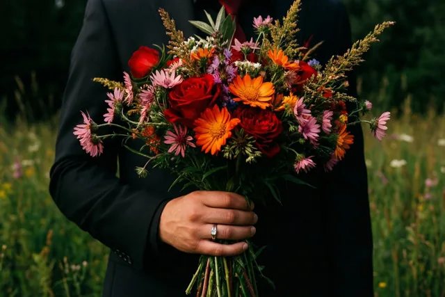 Een hand met een verlovingsring houdt een boeket wilde bloemen in rode, oranje en roze tinten vast voor een wazig groen veld.