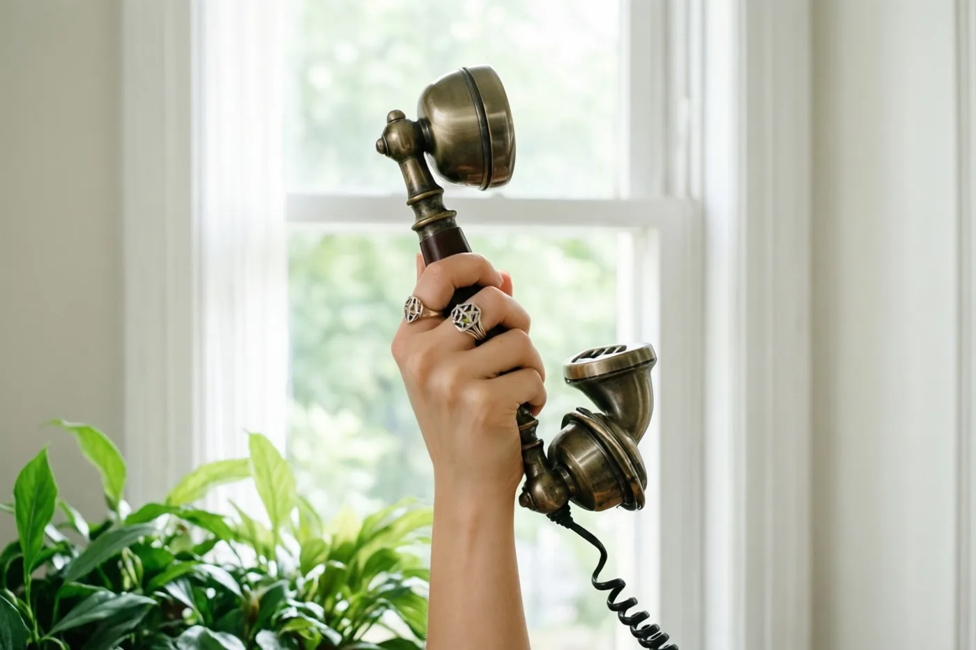 Een hand met een ring met één steen houdt een antieke messing telefoonhoorn vast voor een helder raam, met groen op de voorgrond.