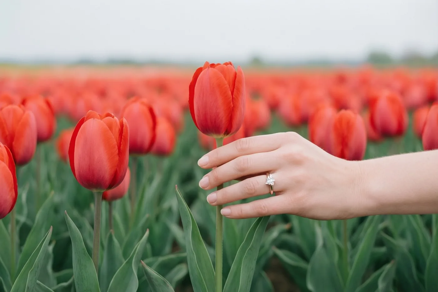 Een hand met een diamanten verlovingsring houdt een rode tulpensteel vast in een uitgestrekt veld rode tulpen onder een bewolkte lucht.
