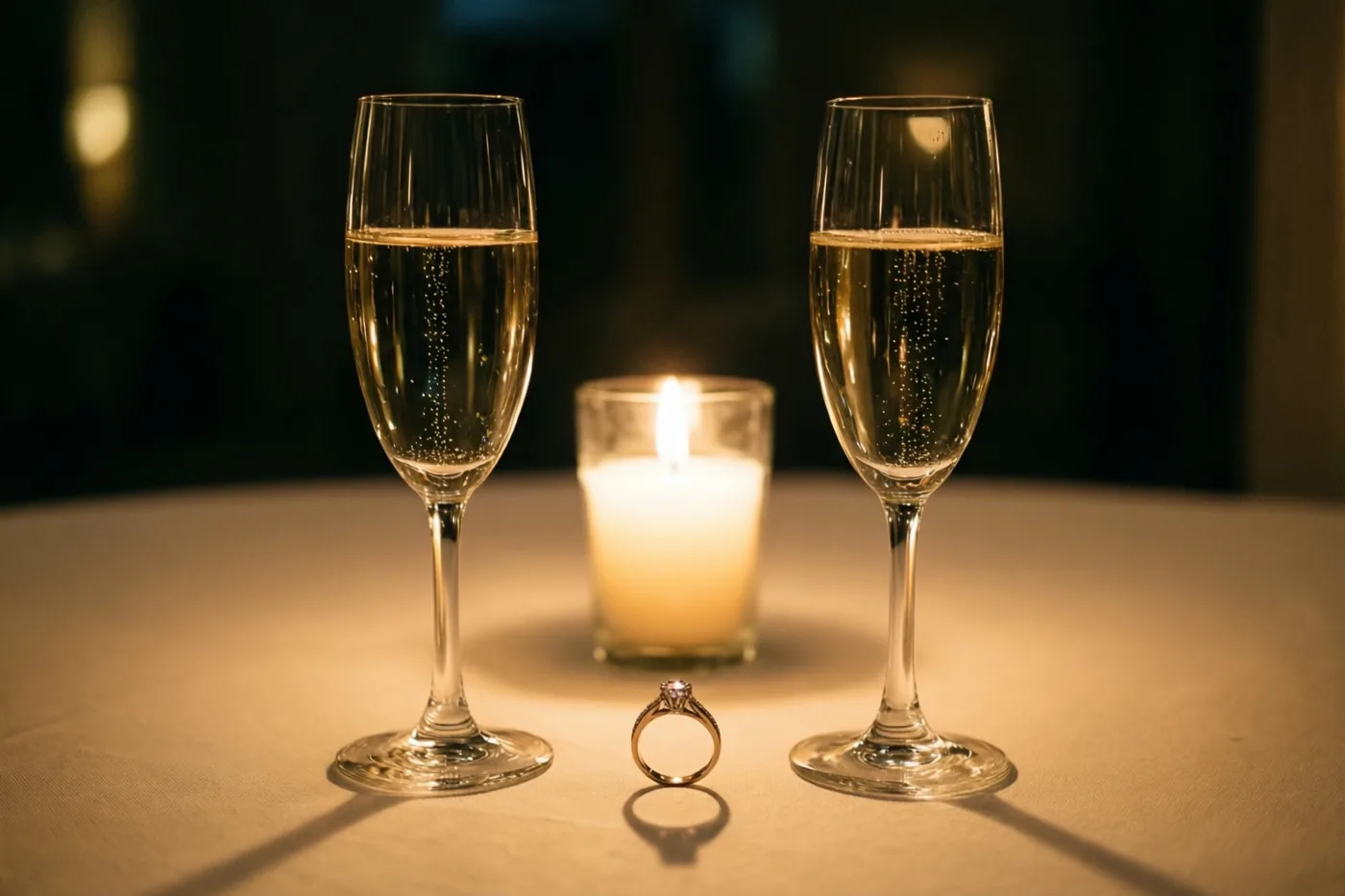 Twee champagneglazen met schuimwijn staan op een wit tafelkleed, met een verlovingsring en een brandende kaars in het midden in warm gouden licht.