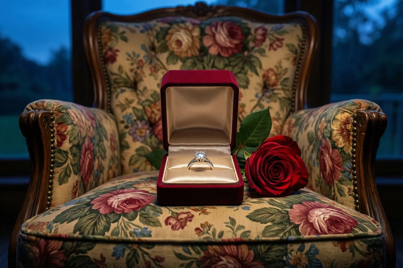 Een open rood fluwelen ringdoosje met een ring met één diamant staat naast één rode roos op een vintage fauteuil met bloemenmotief, met door het raam een schemerig blauw uitzicht.