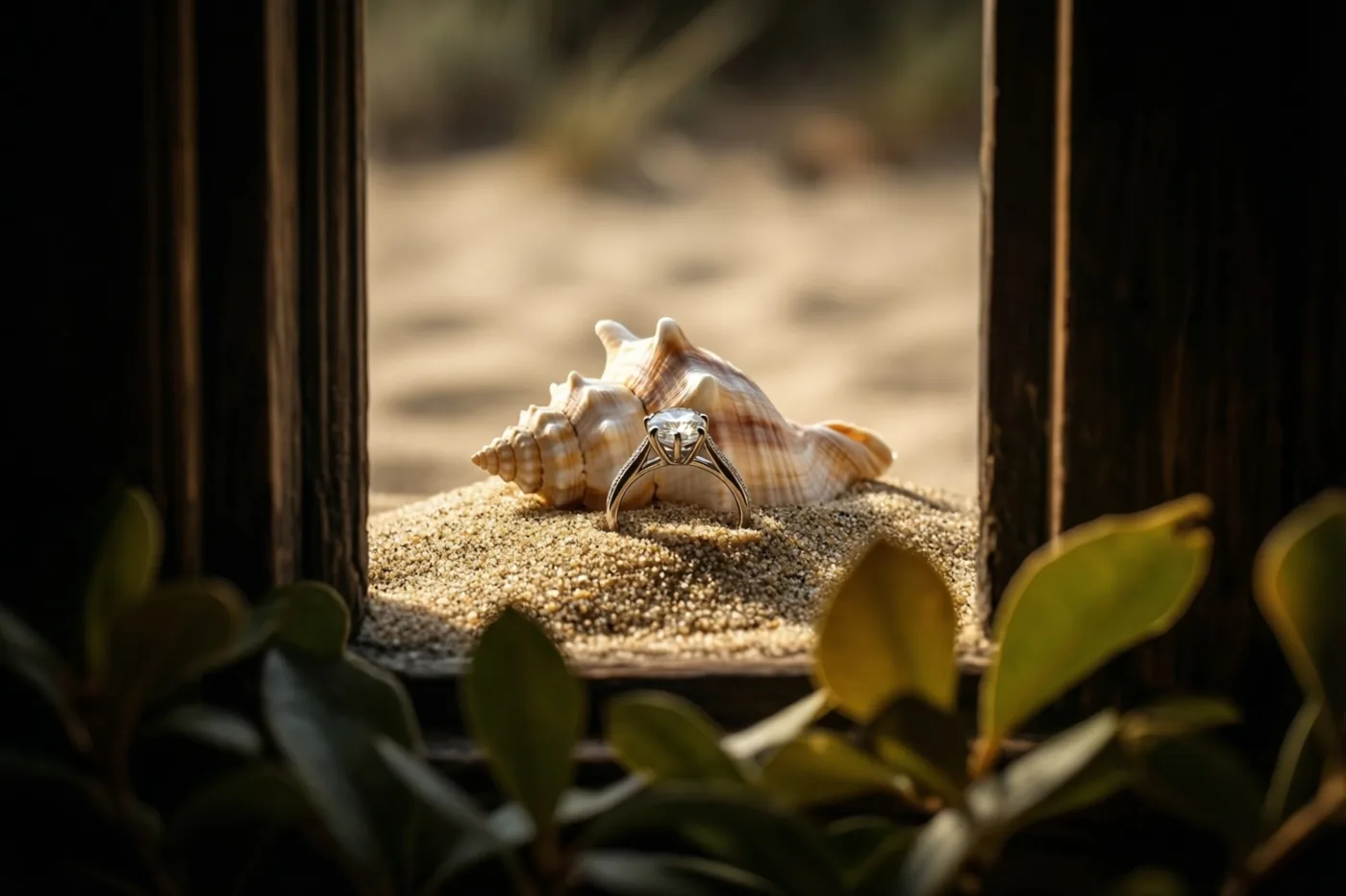 Door een houten raamkozijn is een verlovingsring op zand naast een schelp te zien, met groene bladeren op de voorgrond en warm gouden zonlicht.